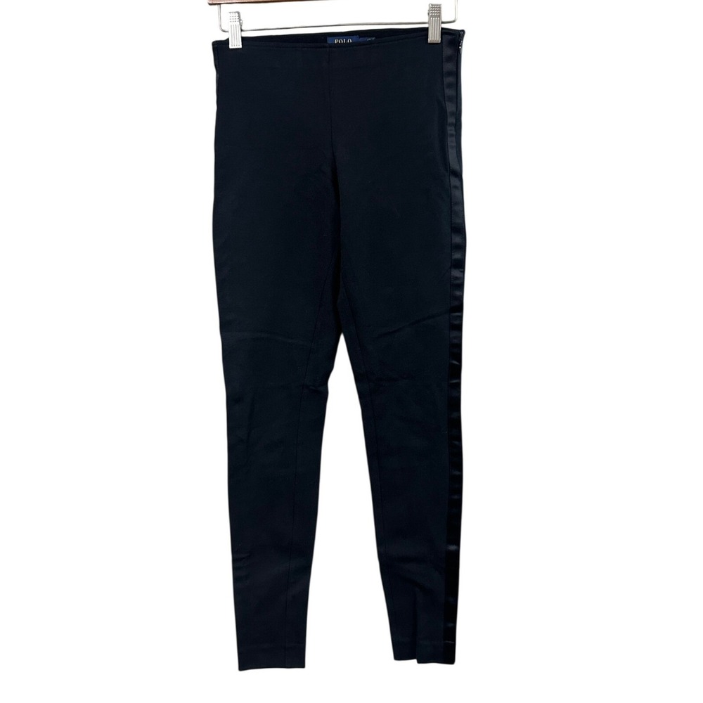 Polo Ralph Lauren‎ Womens Black Tuxedo Skinny Pants Satin Stripe Side Zip Size 2